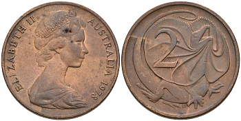 Австралия 2 цента 1978 Елизавета II (1952-2022), плащеносная ящерица (FRILLED LIZARD)  KM 63 бронза 4566-421