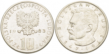 ПОЛЬША 10 ЗЛОТЫХ 1983 MW, БОЛЕСЛАВ ПРУС KM 73 медно-никель 77-426