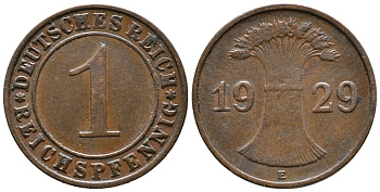 ГЕРМАНИЯ 1 РЕЙХСПФЕННИГ 1929 E KM 37, J. 313 бронза 39-1017