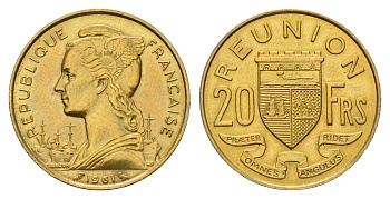 Реюньон 20 франков 1961 KM 11 алюминиевая бронза aUNC 4127-1842