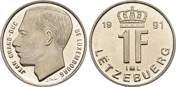 Люксембург 1 франк 1991 Великий герцог Жан (1964-2000), тираж 10.000 экземпляров KM 63 сталь плакированная никелем  BU  4635-1215