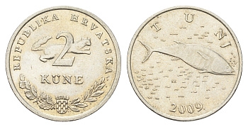 Хорватия 2 куны 2009 тунец, нечетный год KM 10 медь цинк никель 4660-417