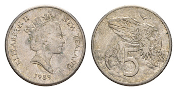 Новая Зеландия 5 центов 1989 Елизавета II (1952-2022), ящерица гаттерия KM 60 медно-никель 4594-452