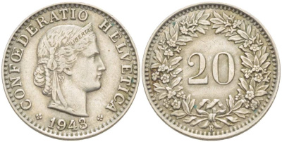 ШВЕЙЦАРИЯ 20 РАППЕНОВ 1943 В KM 29а медно-никель 4511-911