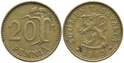 ФИНЛЯНДИЯ 20 ПЕННИ 1963 KM 47 алюминиевая бронза 34-1043