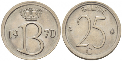 Бельгия 25 сантимов 1970 Belgie, Бодуэн I (1951-1993) KM 154.1 медно-никель UNC 3996-1121