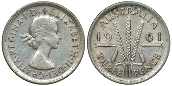 Австралия 3 пенса 1961 m, Елизавета II (1952-2022) KM 57 серебро 71-819