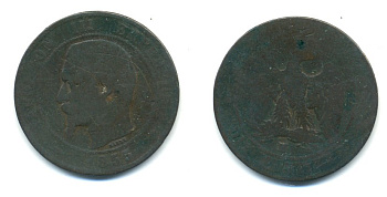 ФРАНЦИЯ 10 САНТИМОВ 1855 М, НАПОЛЕОН III (1852-1870) KM 771.6 бронза 80-623