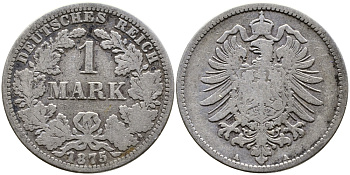 Германия 1 марка 1875 A Weege 17, J. 9, KM 7 серебро 93-255