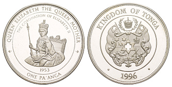 Тонга 1 паанга 1996 Королева мать - Коронация Елизаветы II KM 177 серебро PROOF 1091-4-62