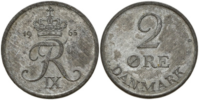 Дания 2 эре 1965 С; S, Фредерик IX (1947-1972) KM 840 цинк 4156-1031