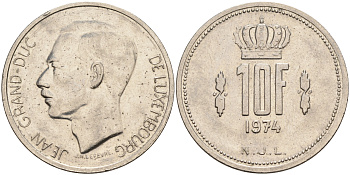 ЛЮКСЕМБУРГ 10 ФРАНКОВ 1974 KM 57 никель 63-734