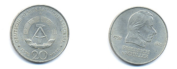 ГДР 20 марок 1972 А, Фридрих Шиллер (1759-1805) KM 40 медно-никель 3333-742