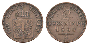 Пруссия 2 пфеннига 1864 A, Вильгельм I (1861-1888) KM 481, Jaeger 51, AKS 107, Olding 425 медь 4651-316