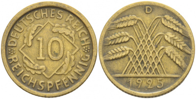 ГЕРМАНИЯ 10 РЕЙХСПФЕННИГОВ 1925 D KM 40, J.317 алюминиевая бронза 4539-1021