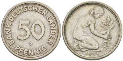 ФРГ 50 пфеннигов 1949 D KM 104, J. 379 медно-никель 112-951