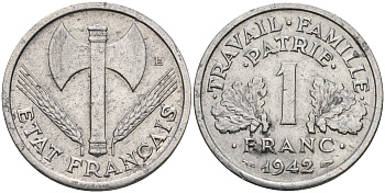 Франция 1 франк 1942 правительство Виши KM 902.1 алюминий    4153-422