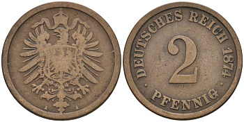 Германия 2 пфеннига 1874 А, старогербовка KM 2, J. 2 медь 4573-1242