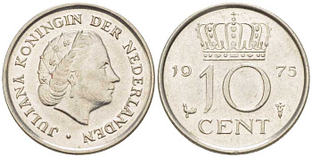 НИДЕРЛАНДЫ 10 ЦЕНТОВ 1975 ЮЛИАНА (1948-1980) KM 182 никель 116-1251