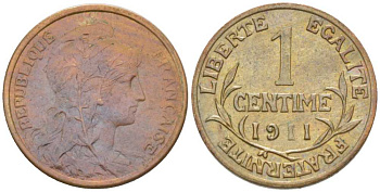 ФРАНЦИЯ 1 САНТИМ 1911 ТРЕТЬЯ РЕСПУБЛИКА (1871-1940) KM 840, LE FRANC 105.13 бронза 201-843