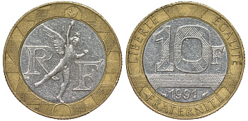 Франция 10 франков 1991 тип гений Бастилии KM 964.1, Le Frank 375.6 биметалл 45-925