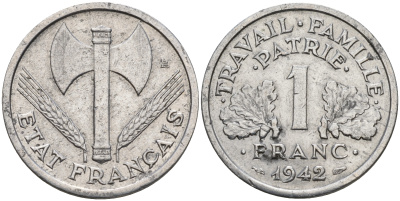 Франция 1 франк 1942 правительство Виши KM 902.1 алюминий    4153-422