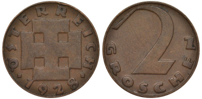 Австрия 2 гроша 1928 KM 2837 бронза 4164-323