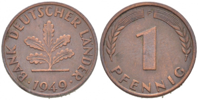 ФРГ 1 ПФЕННИГ 1949 F KM А101, J.376 сталь плакированная медью 3955-654