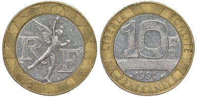 Франция 10 франков 1991 тип гений Бастилии KM 964.1, Le Frank 375.6 биметалл 45-925