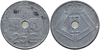 БЕЛЬГИЯ 25 САНТИМОВ 1945 НЕМЕЦКАЯ ОККУПАЦИЯ BELGIE BELGIQUE KM 132 цинк 86-1657