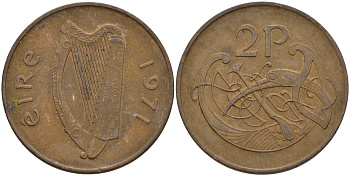 Ирландия 2 пенса 1971 виньетка в виде стилизованной птицы из второй библии Карла II Лысого KM 21 бронза 4144-942