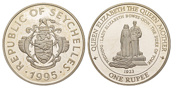 Сейшельские Острова (Сейшелы) 1 рупия 1995 Свадьба Короля Георга VI и Елизаветы Боуз-Лайон, 1923 KM 85 медно-никель PROOF 1521-1132