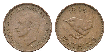 Великобритания 1 фартинг 1944 Георг VI (1936-1952) KM 843, Spink 4116 бронза 4664-347