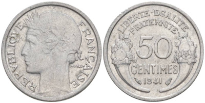 ФРАНЦИЯ 50 САНТИМОВ 1941 ТИП MORLON LOURDE KM 894.1a, LE FRANC 193.2 алюминий 44-258