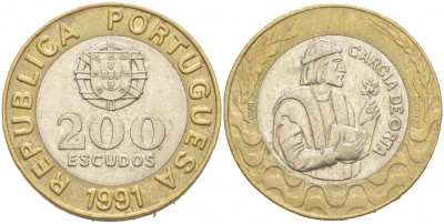 Португалия 200 эскудо 1991 Гарсия Де Орта (1501-1568) KM 655 биметалл 77-547