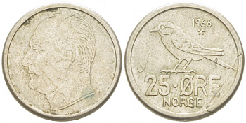 Норвегия 25 эре 1966 Улаф V (1958-1991), синица KM 407 медно-никель 3955-254
