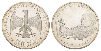 Германия 10 марок 1992 G, 125 лет со дня рождения Кете Кольвиц KM 178 серебро UNC 4634-1023