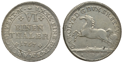 Брауншвейг-Вольфенбюттель 1/6 талера 1767 IDB, вес 5,15 гр. КМ 971 серебро 413-1612