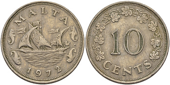 Мальта 10 центов 1972 баржа Великого магистра KM 11 медно-никель 82-435