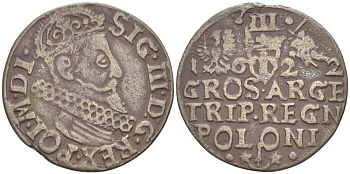 Польша 3 гроша (трояк) 1622 Сигизмунд III Ваза (1587-1632), великий подскарбий Миколай Данилович (1616-1623), герб САС, вес 1,73 гр. KM 31, Gumowski 1138 серебро 1517-943