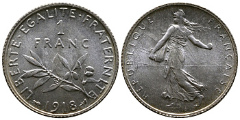 Франция 1 франк 1918 сеятель KM 844.1, Le Franc 217.24 серебро UNC 259-721