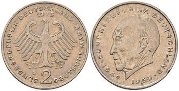 ФРГ 2 марки 1973 G, Конрад Аденауэр, 20 лет Федеративной Республике KM 124 медно-никель 4565-913