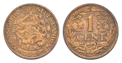 Нидерланды 1 цент 1916 Вильгельмина (1890-1948) KM 152 бронза 75-111