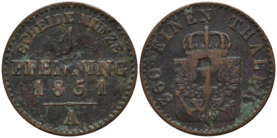 Пруссия 1 пфенниг 1851 A, Фридрих Вильгельм IV (1840-1861) KM 451 медь 4549-732