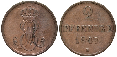 Ганновер 2 пфеннига 1847 B, Эрнст Август (1837-1851) KM 202.1, AKS 124, J. 75 медь 75-1844