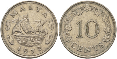 Мальта 10 центов 1972 баржа Великого магистра KM 11 медно-никель 82-544