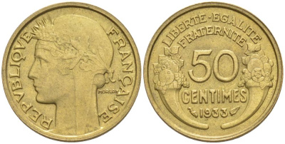 ФРАНЦИЯ 50 САНТИМОВ 1933 ТИП MORLON, OPEN 9, БЕЗ ЯГОДЫ KM 894.1, LE FRANC 192.10 алюминиевая бронза 44-735