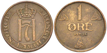 НОРВЕГИЯ 1 ЭРЕ 1936 ХОКОН VII (1905-1957) KM 367 бронза 3309-716
