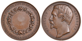 Франция медаль 1850-е Наполеон III Император, общество по развитию сельского хозяйства, наук, искусств и художественной литературы департамента Эндр и Луара, 45 мм, 44,37 гр  бронза  00-00