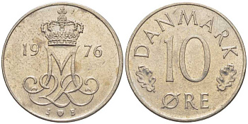 Дания 10 эре 1976 S; B, Маргрете II (1972- ) KM 860.1 медно-никель 201-1235
